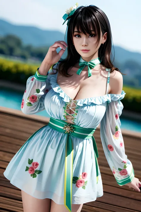 1girl, wearing a light blue floral print dress. The emphasis is on the design of the dress. The top section of the dress is in a wraparound style with a V-neckline and has long, sheer sleeves. There is a fabric belt or sash that is tied into a bow on the l...