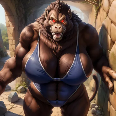 solo, breath (ultra detailed), a beautiful and detailed full size portrait of a female anthro gorilla, oozaru, brown fur, fur body, monkey tail, red eyes, close up view, glowing eyes, empty eyes, tail, bedroom eyes, detailed eyes, big body, sexy body, (wid...