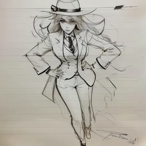 drawing of a woman in a hat and tie with a jacket and tie, girl in suit, girl in a suit, full body character drawing, full body drawing, clear outfit design, mid body portrait, hand on hips, tall female emo art student, full body portrait of a short!, char...