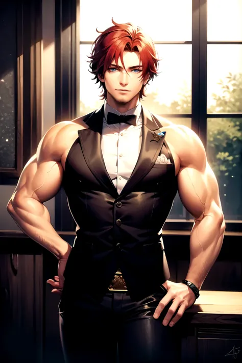 muscular man, aristocratic clothes, Red hair, Blue eyes, 40 years,