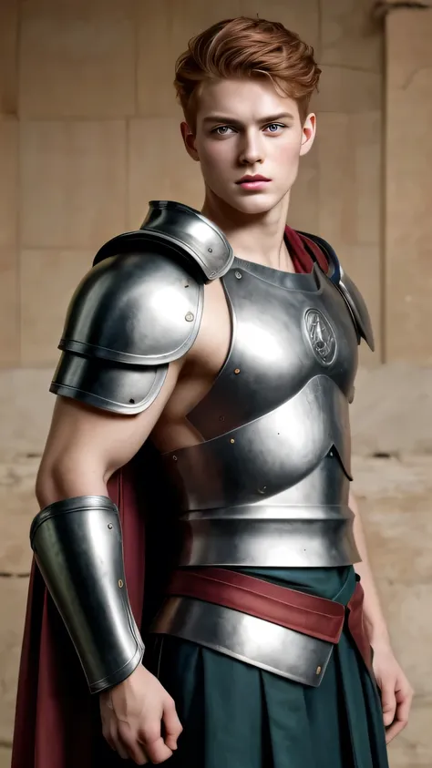 Portrait, 1boy, 20 years old, armor, warrior, bbreastplate armor, cape, armor shoulder pads, beuatiful armor, roman warrior skirt, ancient Rome, handsome, Greek model, ginger boy, readhead, red-hair, albino, pale skin, green eyes, symmetrical, focus on the...