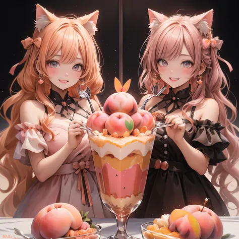 (masterpiece), Highest quality, Ultra-high resolution,Cat ears with peach-colored ribbon、Peach-colored hair、Peach-colored eyes、Peach-colored clothing、(Peach Parfait:1.3)、Laughing happily