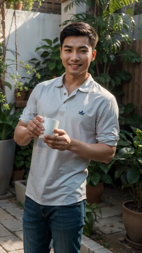 Realistic photography, 8k , handsome young chinese man , watering the plant, smile