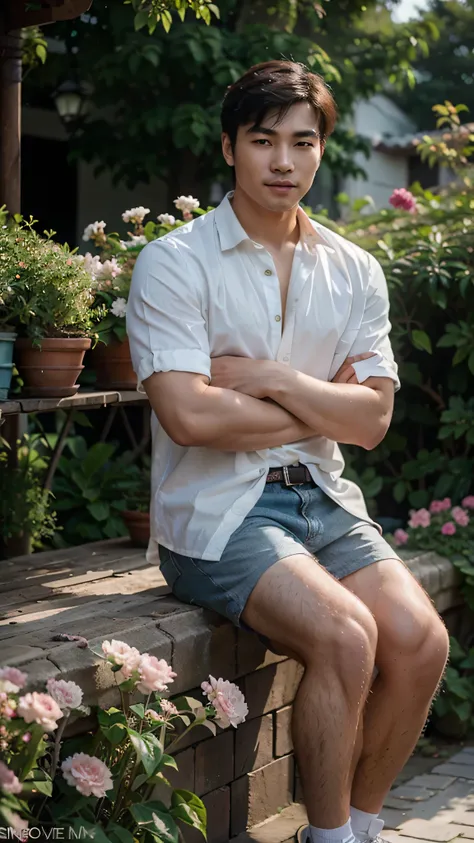 Realistic photography, 8k , handsome young chinese man , sitting in the flower garden, smirk