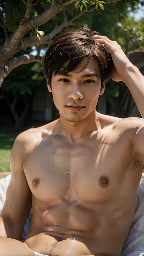 Realistic photography, 8k , handsome young chinese man , laying near the oak, smirk