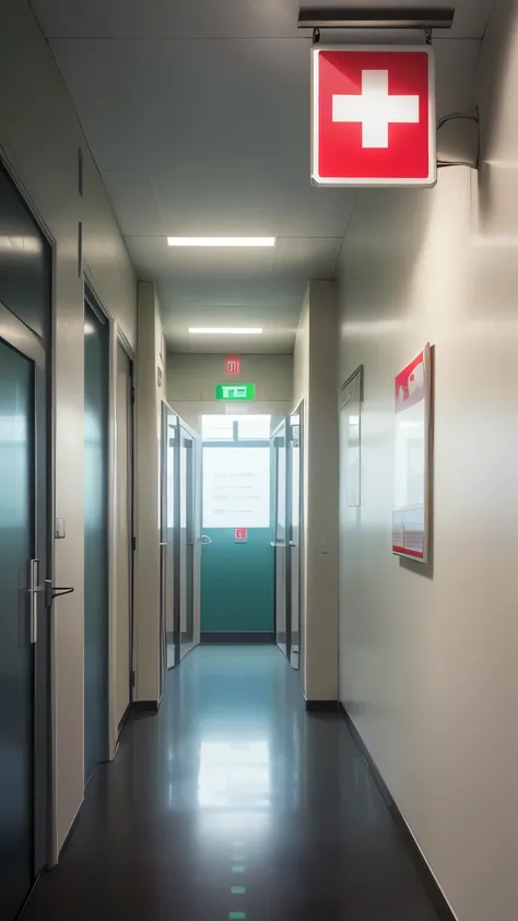 ((best quality)), ((masterpiece)), (detailed), A digitally created image of a modern hospital entrance with a large glass window and a sign with a red cross symbol.