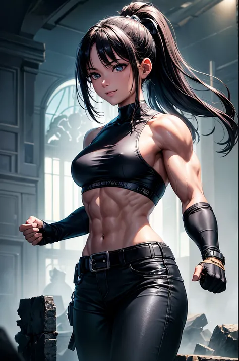 8k,younger sister,so beautiful(Like the real thing),Toned Up, Muscular body,sexy,clear narrow eyes,black eye,Cool smile,Blue combat jacket,Black Shirt,Black combat pants,short,Compensate,Ultra-Realistic Skin,Compensate,masterpiece,Photorealistic RAW photos...