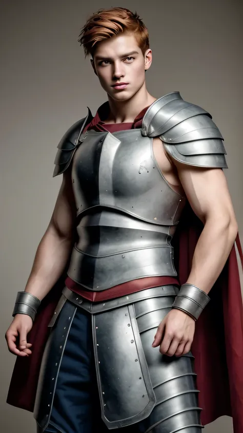 Portrait, 1boy, 20 years old, armor, warrior, bbreastplate armor, cape, armor shoulder pads, beuatiful armor, roman warrior skirt, ancient Rome, handsome, Greek model, ginger boy, readhead, red-hair, albino, pale skin, green eyes, symmetrical, focus on the...