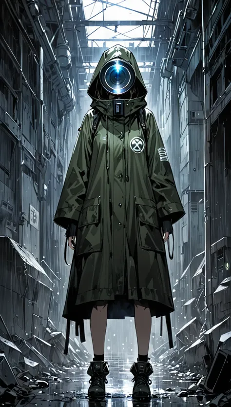 in style of Ashley Wood,1girl,raincoat，Nuclear mark，Transformation Girl，The face is a breathing mask，(The eye is a wearable cyclops lens:1.8)，The lens surface lights up，怪异的Transformation Girl。。Abandoned nuclear facility background。。