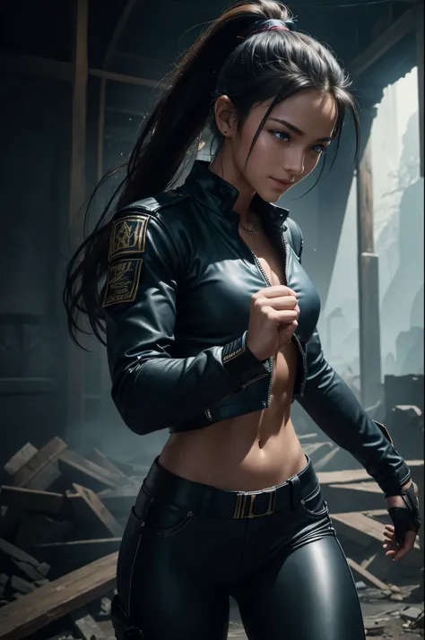 8k,younger sister,so beautiful(Like the real thing),Toned Up, Muscular body,sexy,clear narrow eyes,black eye,Cool smile,Blue combat jacket,Black Shirt,Black combat pants,short,Compensate,Ultra-Realistic Skin,Compensate,masterpiece,Photorealistic RAW photos...