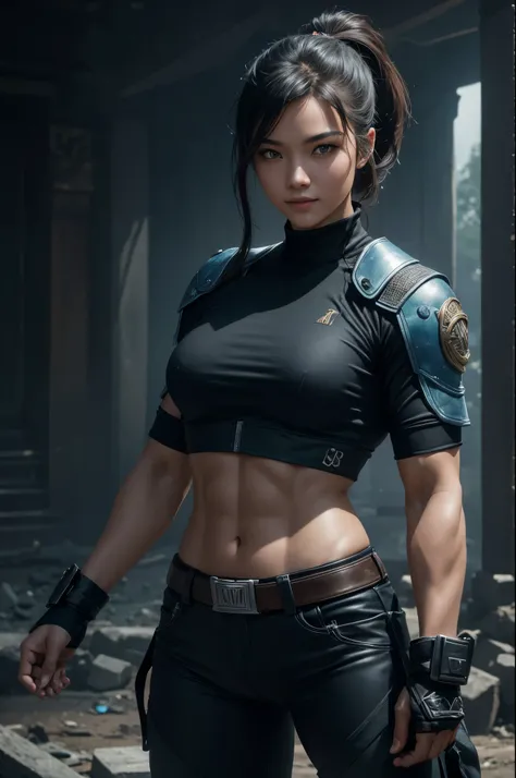 8k,younger sister,so beautiful(Like the real thing),Toned Up, Muscular body,sexy,clear narrow eyes,black eye,Cool smile,Blue combat jacket,Black Shirt,Black combat pants,short,Compensate,Ultra-Realistic Skin,Compensate,masterpiece,Photorealistic RAW photos...