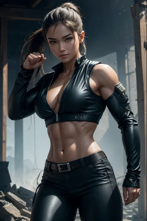 8k,younger sister,so beautiful(Like the real thing),Toned Up, Muscular body,sexy,clear narrow eyes,black eye,Cool smile,Blue combat jacket,Black Shirt,Black combat pants,short,Compensate,Ultra-Realistic Skin,Compensate,masterpiece,Photorealistic RAW photos...