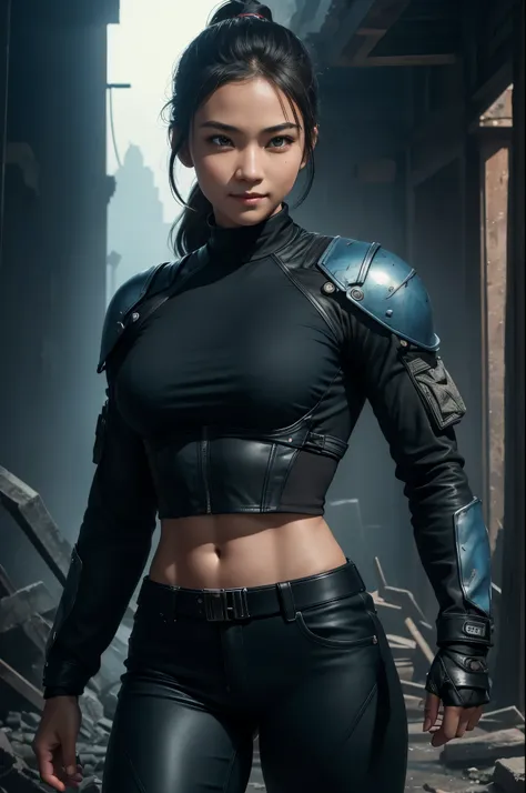 8k,younger sister,so beautiful(Like the real thing),Toned Up, Muscular body,sexy,clear narrow eyes,black eye,Cool smile,Blue combat jacket,Black Shirt,Black combat pants,short,Compensate,Ultra-Realistic Skin,Compensate,masterpiece,Photorealistic RAW photos...