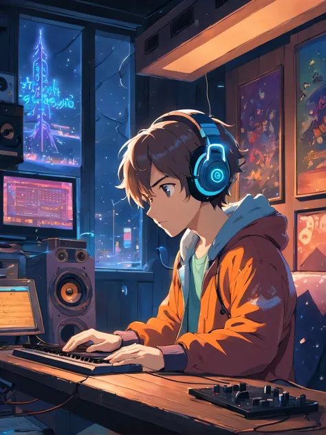 a man listening to music wearing headphones, incredibly detailed portrait, vintage wave, cyberpunk, sad atmosphere, luminous light through the windows, nighttime scene, one bedroom, 2D, shot from afar, wide shot, noise from the film, old cartoons, many rec...