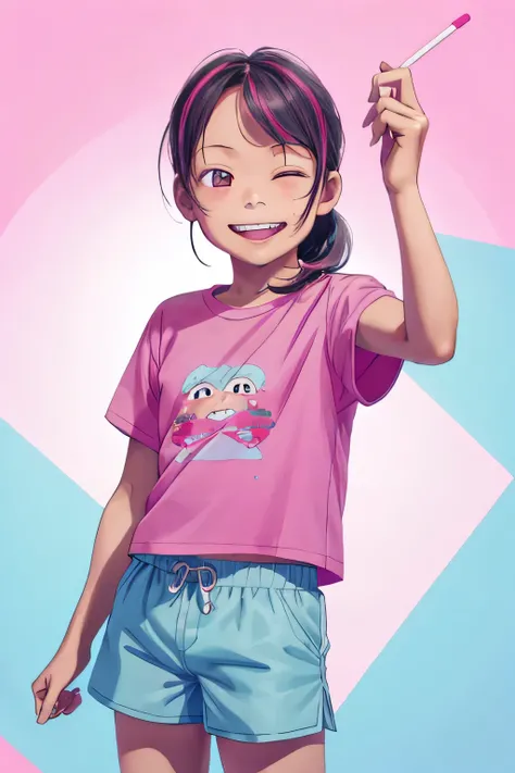 8-year-old girl, missing front teeth, smiling widely, eyes without pair of eyes, Asian, front forehead visible, hair tied together, pink color t-shirt, light blue color shorts, lollipop in hand, back ground school