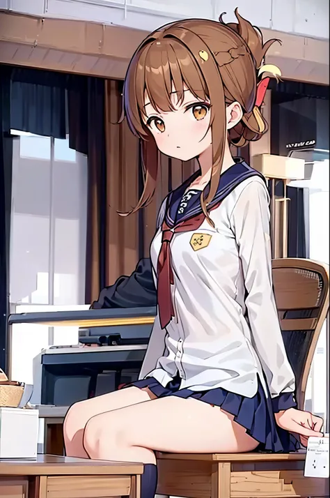 (masterpiece, best quality:1.2),illustration,8k,hd,1girl,solo,upper body,(portrait:1.2),brown_hair,folded_ponytail,brown_eyes,serafuku,long_hair,school_uniform,skirt,pleated_skirt,