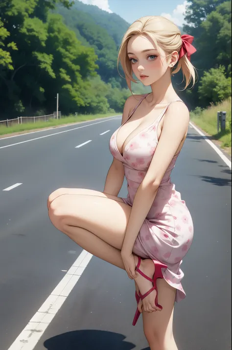 extremely cute beautiful busty girl, with extremely fair shiny skin, pink blushes, big blue eyes, pink lips, long blonde bang hair, plain expression, wearing a short revealing white floral dress, age 20, heels, red ribbon on hair, face close up, empty road...