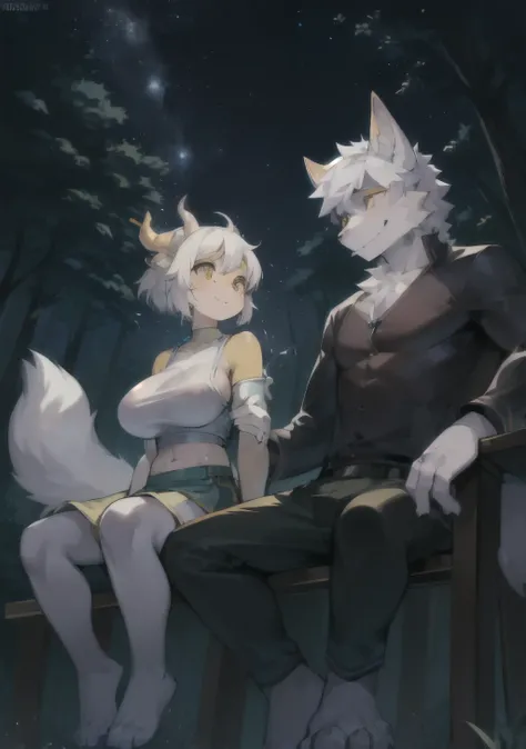 The look, panoramic，character focus，Full body portrait,Two people sitting， Correct human anatomy。Men，Hairy male wolf（The combination of dragon and wolf），Yellow eyes，Blue skin，A pair of dragon wings, White hair(long），Wear white earbuds，couple（Small big brea...