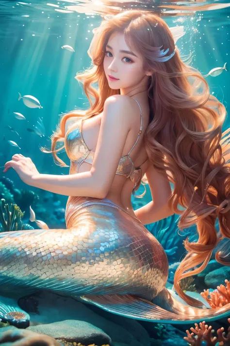 1girl, Japanese mermaid, long wavy hair, beautiful detailed eyes, beautiful detailed lips, extremely detailed face, long eyelashes, elegant mermaid tail, translucent skin, underwater scene, coral reef, sunlight shimmering through water, serene expression, ...