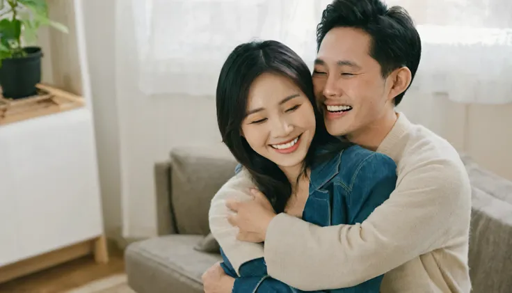 An Asian couple，in living room，Happy hugs