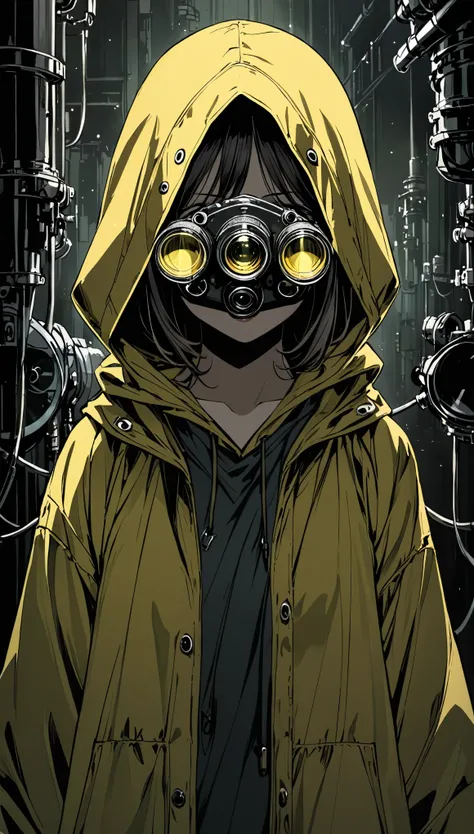 (in style of Harry Clarke:0.5),1girl,yellow raincoat，Nuclear mark，Transformation Girl，The face is a breathing mask，(The eye is a wearable cyclops lens:1.8)，The lens surface lights up，怪异的Transformation Girl。。Abandoned nuclear facility background。。