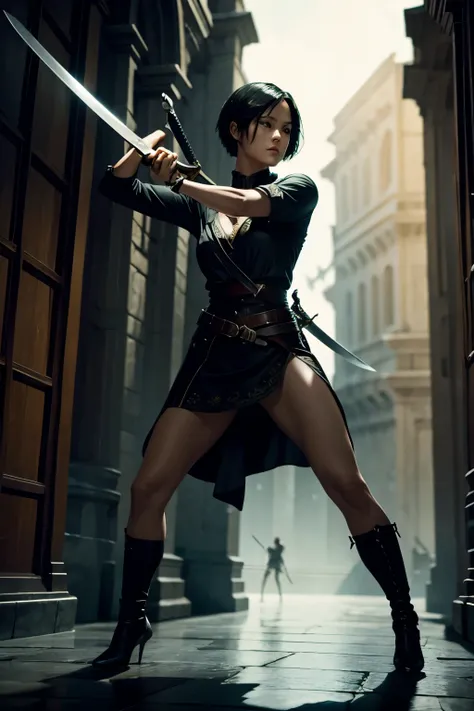 Woman with short straight hair pointing a sword at you, detailed, beautiful, cinematic scene, full body shot