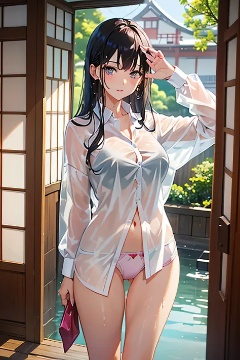 Highest quality，Very detailed depiction，20-year-old，Cowboy Shot，Are standing，Three-stranded，Wet black hair，((Soaking wet:1.5))，(Provocative look)，Pink Cheeks，((She is wearing a soaking wet white business shirt and pink panties.:1.5))，White business shirt，(...