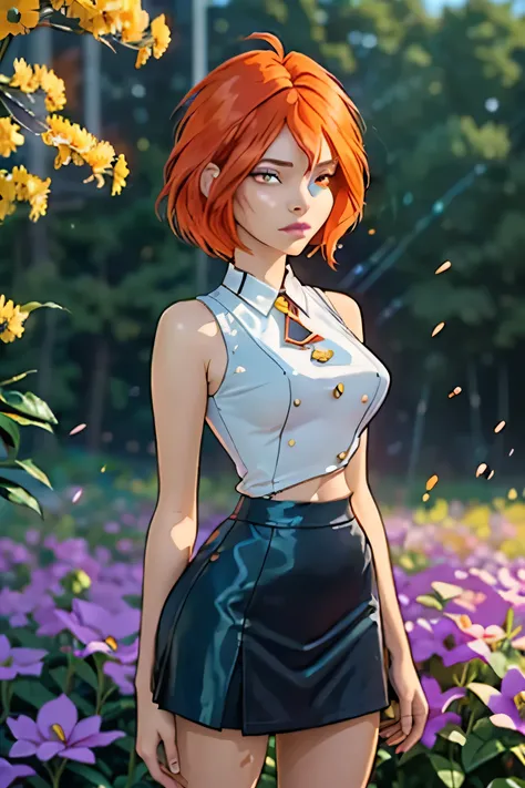 (ultra realistic,32 mil, work of art:1.2),(highly detailed skin:1.1),( high qualiy:1.1),
myrtle ,rolling eyes, red hair, Short hair, settled eyes, booties, Black Skirt, white  shirt, thicc thighs, field of flowers,(fire flowers:1.1), flowers,sunshine lig...