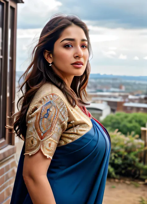 cowboy shot scenic professional photograph of RAW photo, photorealistic, [:intricate details:0.3], best quality, photo of beautiful madhuri dixit Indian actress 45y old woman, with brown hair, detailed skin, (like a plus size:1.1), (beautiful round shape b...