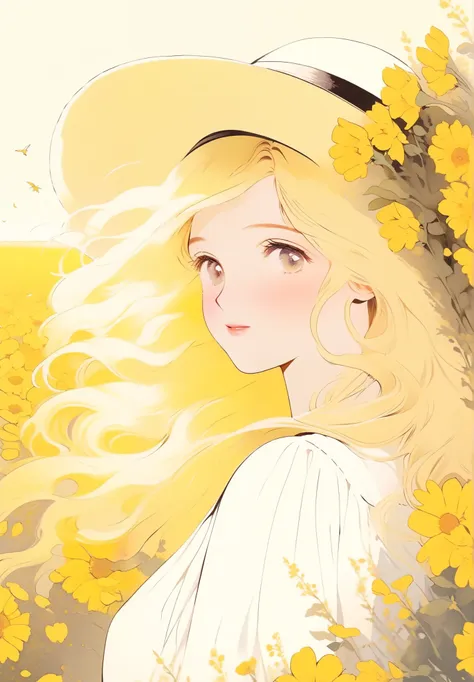 young woman, blonde, hat, white dress, yellow flowers background, field of yellow flowers.