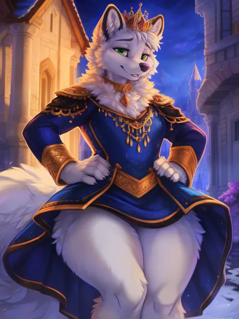 (by hioshiru and kenket and dimwitdog, michael amp inessa garmash, ruan jia, pino daeni, chunie) ,arctic fox, anthro, castle background, king, crown, chubby, blue royal outfit, green eyes , curvy thighs, huge thighs, big butt, big tail, clothed, blue royal...