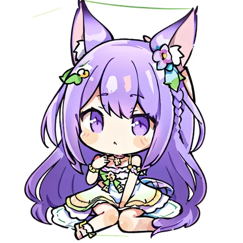 masterpiece、MejiroMcQueen, (Swimwear、dress、Exposing shoulders、Purple Hair、Flower jewelry on the right ear、Hair F低いer,　Ribbon hair fastening）、Flat Avatar, solo, chibi, whole body、Simple Background、Solid Background、Floral background、sitting、Horse ears、Horse ...