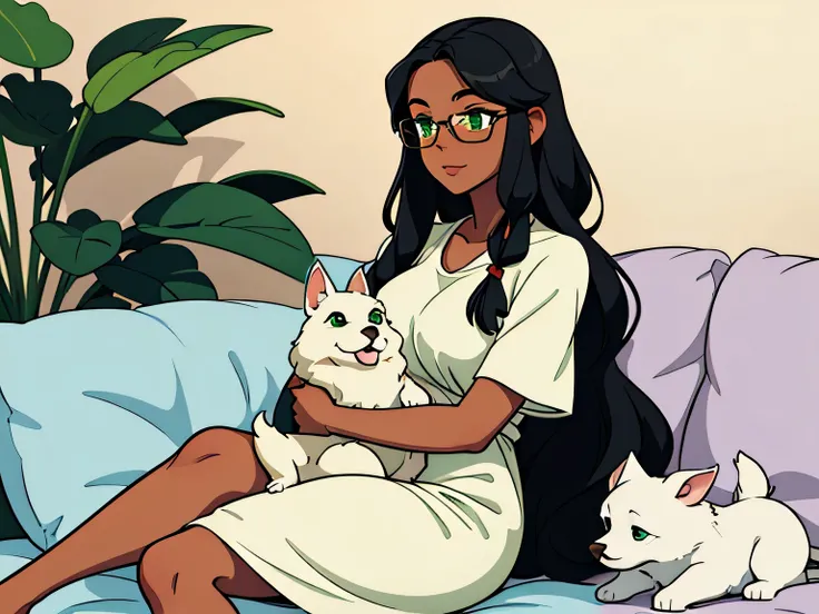 1 woman, long wavy hair, black hair, tan skin, round glasses, white dog ears, green dress, green eyes, cuddling with 1 white dog