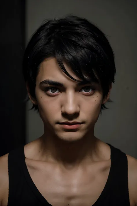 black-haired boy with bright red eyes and black sclera, gray skin with black cracks