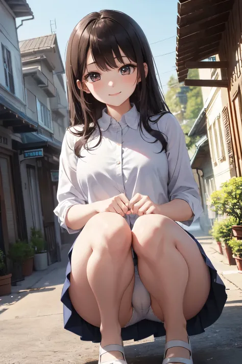 very cute and beautiful girl,(Very detailed美しい顔), (smile),blush,Black Hair,Seraphim,(White Shirt、Pleated navy blue pread your legs、Squat)、Sitting、(From below)、(Lacy white panties), Country road, (Highest quality,masterpiece:1.0),Absurd,High resolution,Supe...