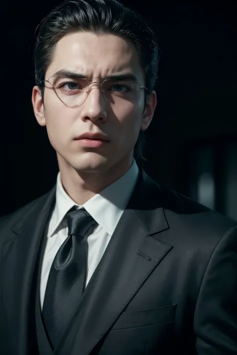 a mafioso anime character, 1boy, detailed facial features, intense gaze, sharp jawline, slicked back hair, black suit, crisp white shirt, skinny tie, dark sunglasses, holding a handgun, dramatic lighting, cinematic composition, moody color palette, film no...