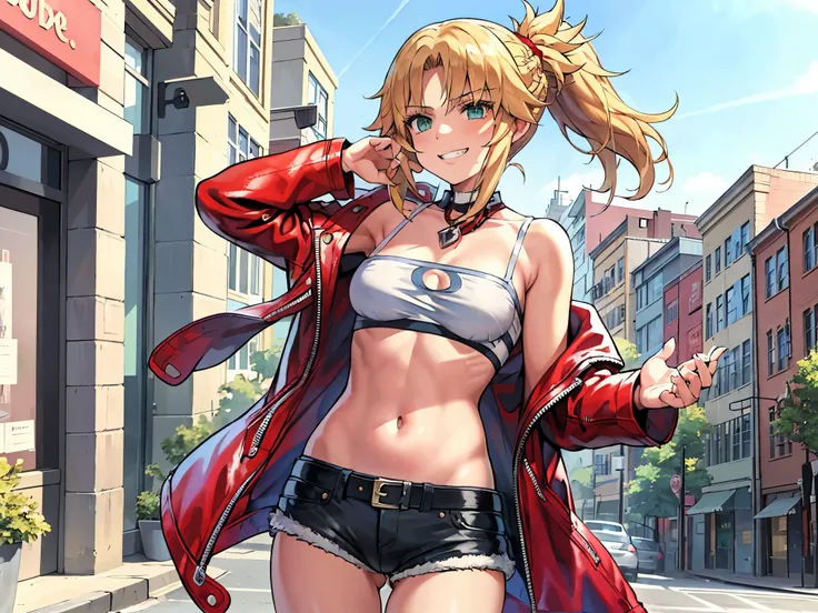 Masterpiece, Best Quality, illustration, city_street_landscape_background, 1girl, Mordred (fate), cowboy shot, collarbone, Detailed blond hair ponytail braid, green eyes, Red leather jacket, White short blouse, denim shorts,navel,thigh-high,grin, covered_p...