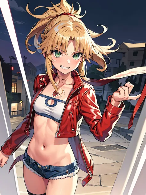 masterpiece, best quality, illustration, city street, 1girl, mordred \(fate\), cowboy shot, collarbone, detailed blond hair pony...