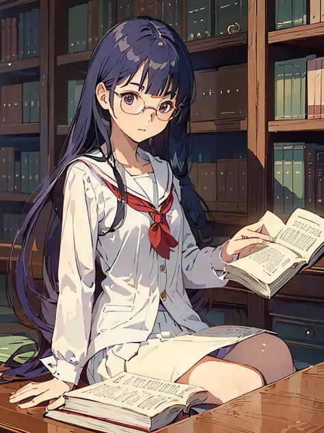 (((masterpiece))) ((( background : romantic theme : students : in library : books ))) ((( character : Kanna : fit body : long smart hair  : model student : nerd : wearing glasses : summer white  : sitting : serious studying )