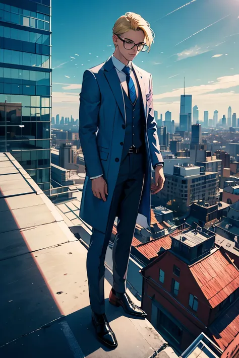 A man with blonde hair wearing a blue suit, a pink tie and a white overcoat with small glasses holding a pocket watch looking into space on top of a building overlooking a city