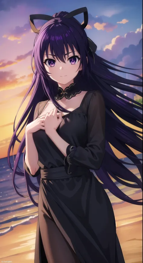 tohkayatogami, tohka yatogami casual, long hair, purple hair, alluringly smile , black mesh dress, maxi dress, sheer black ,long sleeve, black colour (purple eyes:1.1), hair ribbon, ponytail, purple hair, white ribbon, E cup breasts, bewitched thighs, slen...