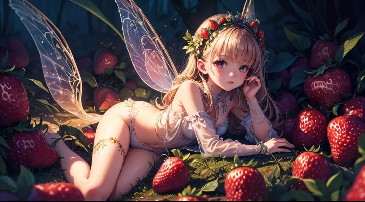 ( Absurd, High quality, ultra-detailed, masterpiece, concept art, smooth, highly detailed artwork, hyper-realistic painting ) , tiny , strawberry girl, Strawberries, cute, whole body, Romantic, Vivid, dreamy, fantasy, fairy wings, in the forest, enchanting...