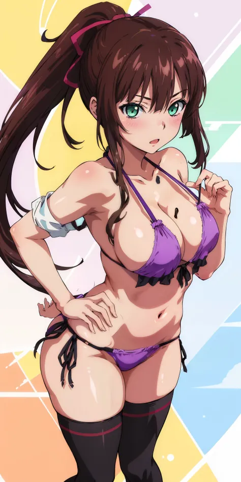 masterpiece, best quality,1girl,solo,kirasaka sayaka,brown hair,long hair,ponytail, hair ribbon, green eyes,,purple thighhighs, wariza, (bikini). 