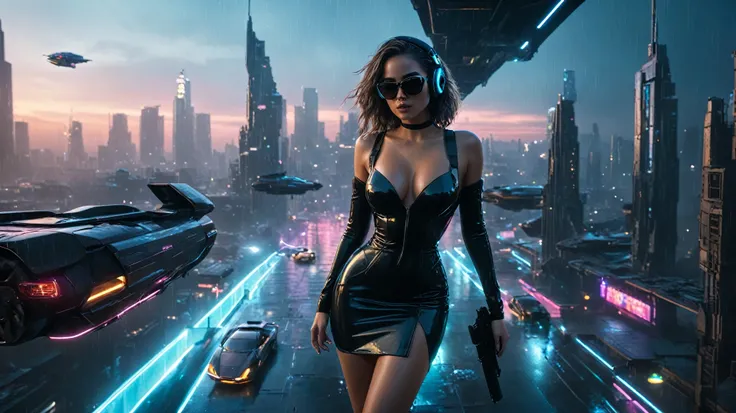 (aerial view, a flying cars docking platform, a very dark abandoned futuristic city, neon lights), rainy night. 1girl, solo, alone, large-breast:1.2 slim body, cleavage:1.1, sexy wind blowing wet dress:1.4, (headphone, black sunglasses), (((she raised a pi...