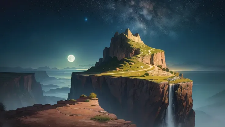 ((best quality)), ((masterpiece)), (detailed), A digital illustration of a cliff surrounded by mountains at night, with a starry sky above and a full moon shining down. The cliff has a sign that reads "Dead End."