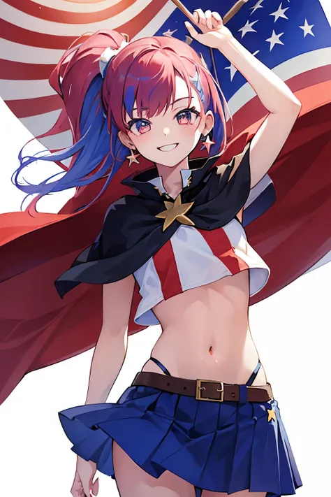 1 Girl of American spirit, Red white and blue hair, smiling, crop top, skirt, star earrings, USA flag cape, Hero pose, dutch angle, side shot