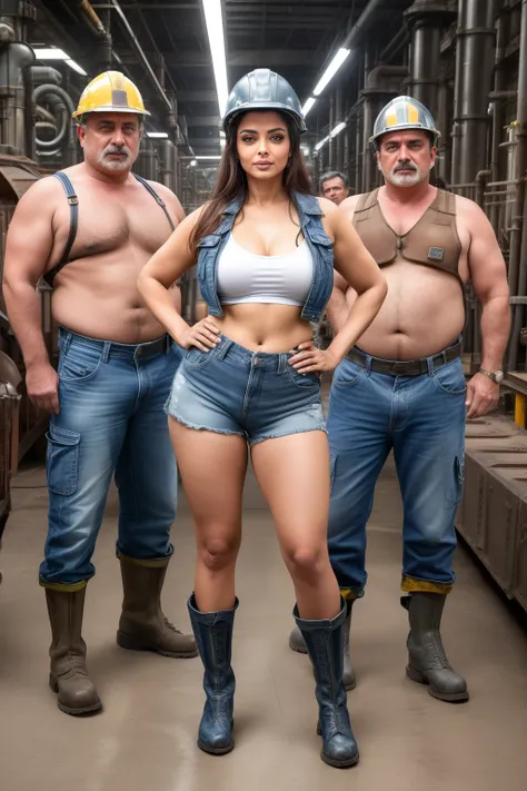 Full body photo of SEXY 50YO MATURE MILF AISHWARYA RAI as FACTORY WORKER, (ponytail tied hair), ((denim shorts)) ((half open shirt)), ((safety helmet)),  ((boots)), (((surrounded by FACTORY MEN in iron factory))), day scene, curvaceous mature hourglass fig...