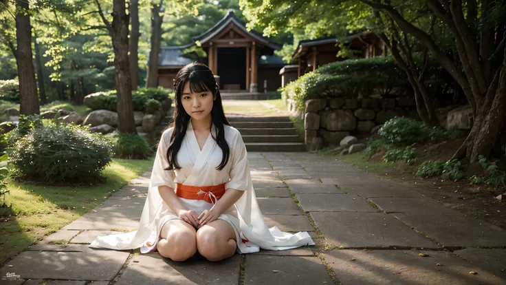 A shrine maiden is elegantly dressed in a thin, sheer Japanese kimono and stands gracefully on a sacred hill in the forest., A gold collar around his neck、Her chest is exposed and beautiful.。The feet are wearing sandals.。A kimono with a waist-length slit a...