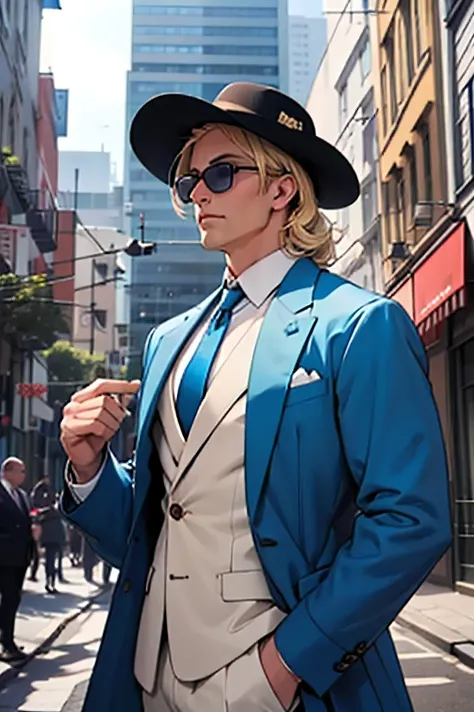 A man with blond hair wearing a white suit a BLUE tie and a blue overcoat with round sunglasses from the 50s and a BLUE fedora looking to the side and observing a city by day