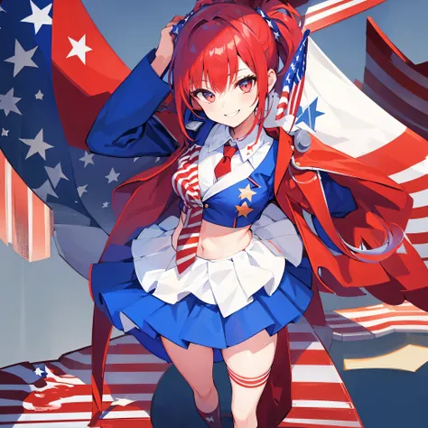 1 Girl of American spirit, Red white and blue hair, smiling, patriotic suit, skirt, homelander from the boys, patriotic, USA flag as background, standing, arms on hips, looking aside, close-up